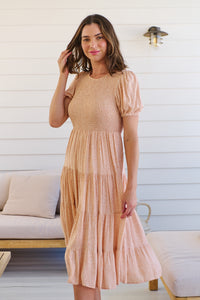 Caroline Peach Speckled Print Shirred Tiered Dress