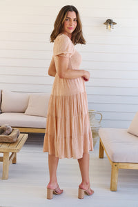 Caroline Peach Speckled Print Shirred Tiered Dress