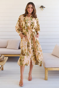 Solange Collared Tie Waist Green/Peach Midi Dress