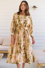 Load image into Gallery viewer, Solange Collared Tie Waist Green/Peach Midi Dress