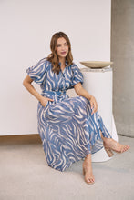 Load image into Gallery viewer, Liana Navy Blue Cream Print Puff Sleeve Button Front Midi Dress