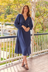 Holly Navy Long Sleeve Knot Front Linen Dress