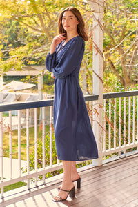 Holly Navy Long Sleeve Knot Front Linen Dress