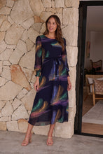 Load image into Gallery viewer, Navy Feather Print Chiffon Dress