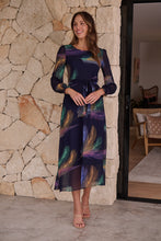 Load image into Gallery viewer, Navy Feather Print Chiffon Dress