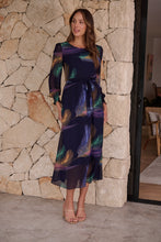 Load image into Gallery viewer, Navy Feather Print Chiffon Dress