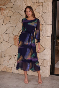 Navy Feather Print Chiffon Dress