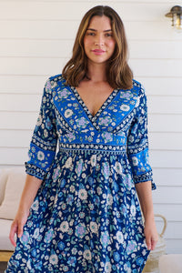 Willow Tie Sleeve Navy/Cobalt Blue Floral Print Maxi Dress