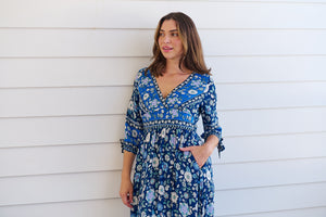Willow Tie Sleeve Navy/Cobalt Blue Floral Print Maxi Dress