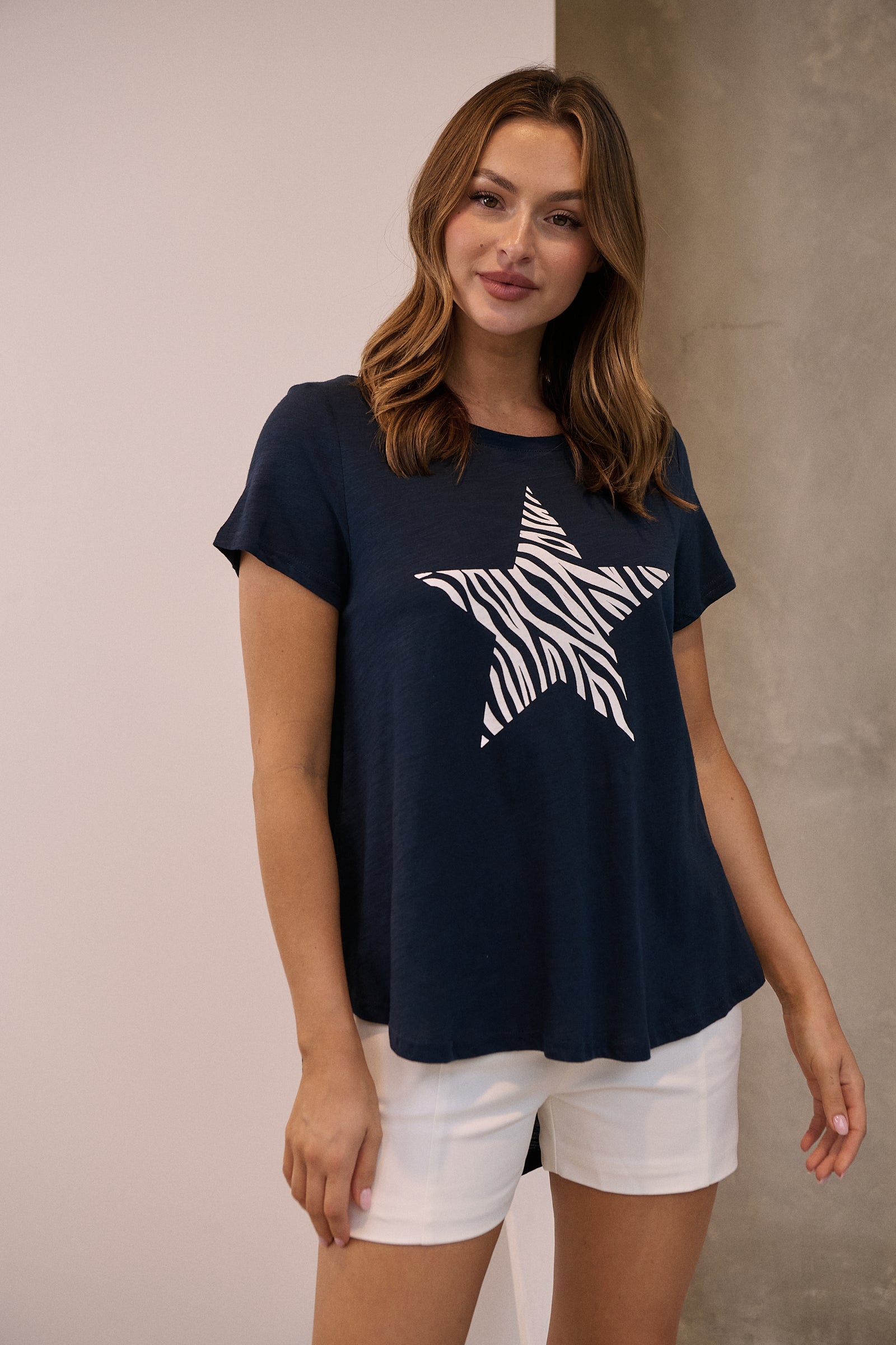 Startee Print Navy Cap Sleeve Tee