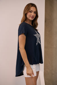Startee Print Navy Cap Sleeve Tee