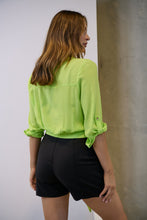 Load image into Gallery viewer, Zaira Fluro Lime Button Tie Front Crop Shirt