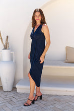 Load image into Gallery viewer, Brianna Navy Shimmer Crossover Evening Dress