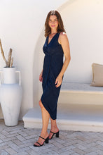 Load image into Gallery viewer, Brianna Navy Shimmer Crossover Evening Dress