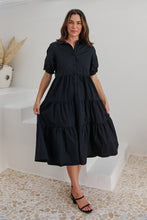 Load image into Gallery viewer, Nyomi Puff Sleeve Black Button Midi Tiered Dress