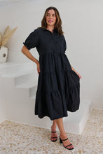 Load image into Gallery viewer, Nyomi Puff Sleeve Black Button Midi Tiered Dress