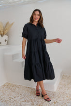 Load image into Gallery viewer, Nyomi Puff Sleeve Black Button Midi Tiered Dress
