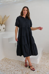 Nyomi Puff Sleeve Black Button Midi Tiered Dress