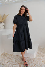 Load image into Gallery viewer, Nyomi Puff Sleeve Black Button Midi Tiered Dress