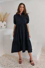 Load image into Gallery viewer, Nyomi Puff Sleeve Black Button Midi Tiered Dress
