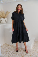 Load image into Gallery viewer, Nyomi Puff Sleeve Black Button Midi Tiered Dress