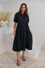 Load image into Gallery viewer, Nyomi Puff Sleeve Black Button Midi Tiered Dress