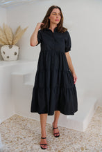 Load image into Gallery viewer, Nyomi Puff Sleeve Black Button Midi Tiered Dress
