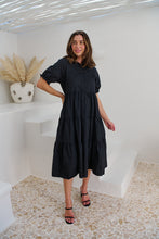 Load image into Gallery viewer, Nyomi Puff Sleeve Black Button Midi Tiered Dress