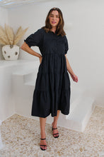 Load image into Gallery viewer, Nyomi Puff Sleeve Black Button Midi Tiered Dress