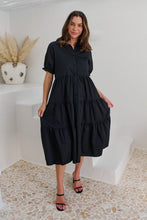 Load image into Gallery viewer, Nyomi Puff Sleeve Black Button Midi Tiered Dress