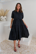 Load image into Gallery viewer, Nyomi Puff Sleeve Black Button Midi Tiered Dress