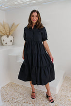 Load image into Gallery viewer, Nyomi Puff Sleeve Black Button Midi Tiered Dress