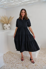 Load image into Gallery viewer, Nyomi Puff Sleeve Black Button Midi Tiered Dress