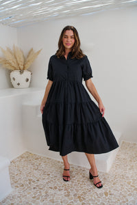 Nyomi Puff Sleeve Black Button Midi Tiered Dress