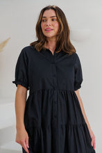 Load image into Gallery viewer, Nyomi Puff Sleeve Black Button Midi Tiered Dress