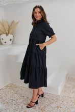 Load image into Gallery viewer, Nyomi Puff Sleeve Black Button Midi Tiered Dress