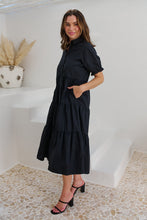 Load image into Gallery viewer, Nyomi Puff Sleeve Black Button Midi Tiered Dress