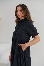 Load image into Gallery viewer, Nyomi Puff Sleeve Black Button Midi Tiered Dress