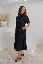 Load image into Gallery viewer, Nyomi Puff Sleeve Black Button Midi Tiered Dress