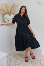 Load image into Gallery viewer, Nyomi Puff Sleeve Black Button Midi Tiered Dress