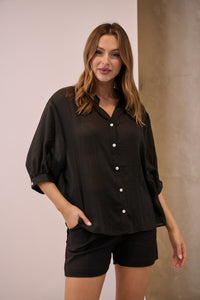 Leia Black Button Up 3/4 Sleeve Shirt
