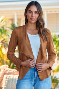 Lettie Caramel Faux Suede Zip Front Waterfall Jacket