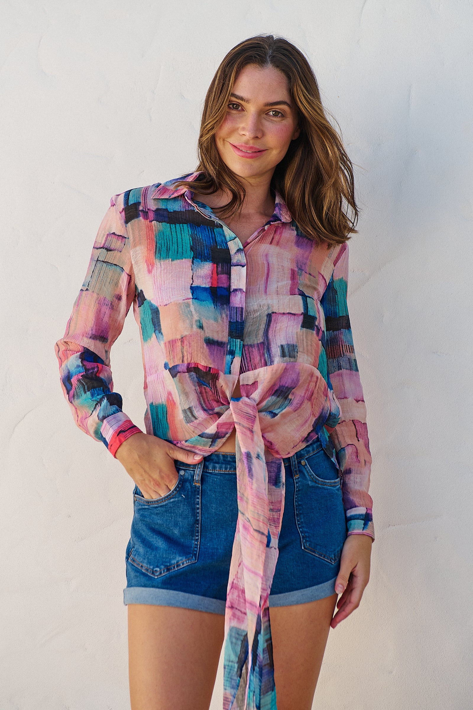 Elena tie Front Blue/Purple Water Colour Shirt