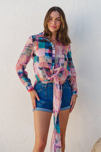Elena tie Front Blue/Purple Water Colour Shirt