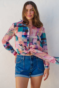 Elena tie Front Blue/Purple Water Colour Shirt