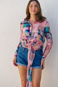 Elena tie Front Blue/Purple Water Colour Shirt