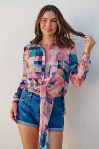 Elena tie Front Blue/Purple Water Colour Shirt