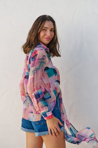 Elena tie Front Blue/Purple Water Colour Shirt