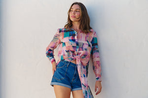 Elena tie Front Blue/Purple Water Colour Shirt