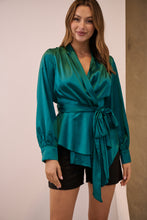 Load image into Gallery viewer, Iris Wrap Emerald Satin Long Sleeve Evening Top